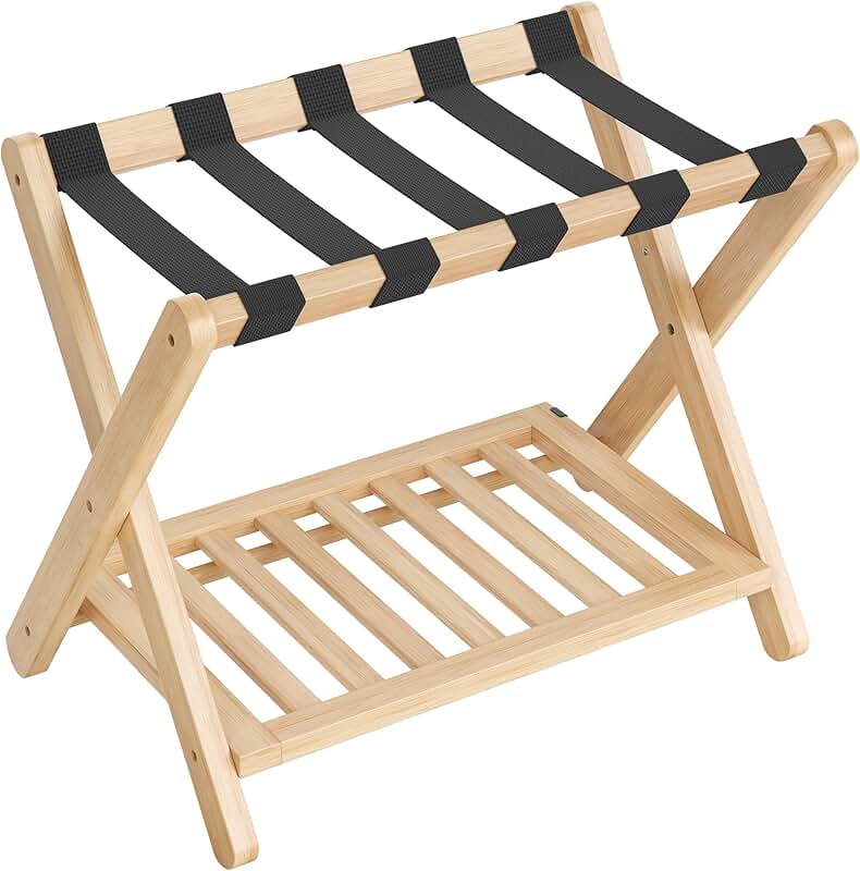 Solid Wood Foldable Luggage Rack with Storage Shelf