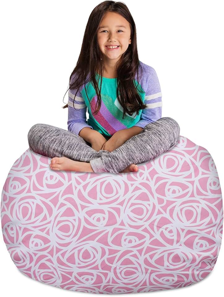 Pink canvas stuffed animal storage bean bag chair cover
