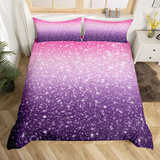 Colorful Glitter Pink Purple Duvet Cover Magical Fantasy Bedding Set Comforter Cover for Boys Girls Children Teens Bedroom Decor Fairy Dreamy Gradient Bedspread Cover Twin with 1 Pillow Case