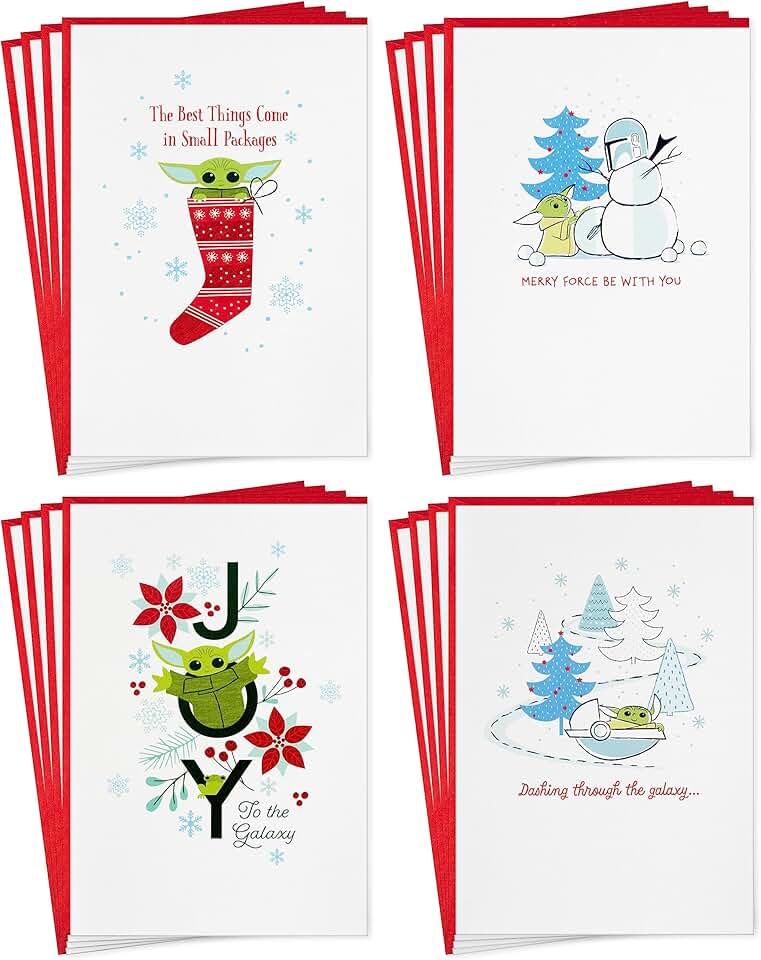 Christmas card set with Grogu and snowman images