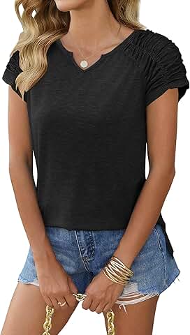 Women's Short Sleeve Summer Tops in Loose Fit V-Neck Style