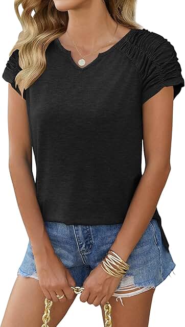 Women's Short Sleeve Summer Tops in Loose Fit V-Neck Style