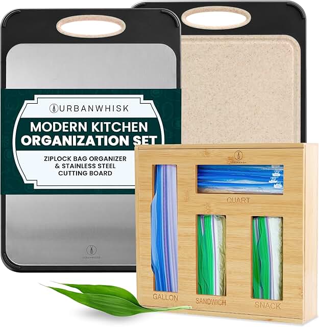 Kitchen Prep and Organization Bundle with Bamboo Storage Bag and Double-Sided Steel Cutting Board