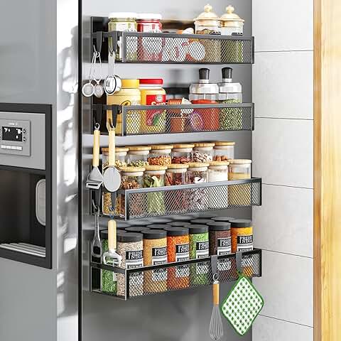 Magnetic Spice Rack with Hooks for Refrigerator (4 Pack)