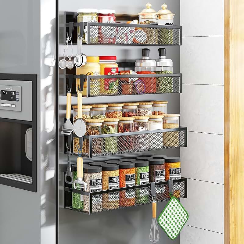 Magnetic Spice Rack with Hooks for Refrigerator (4 Pack)