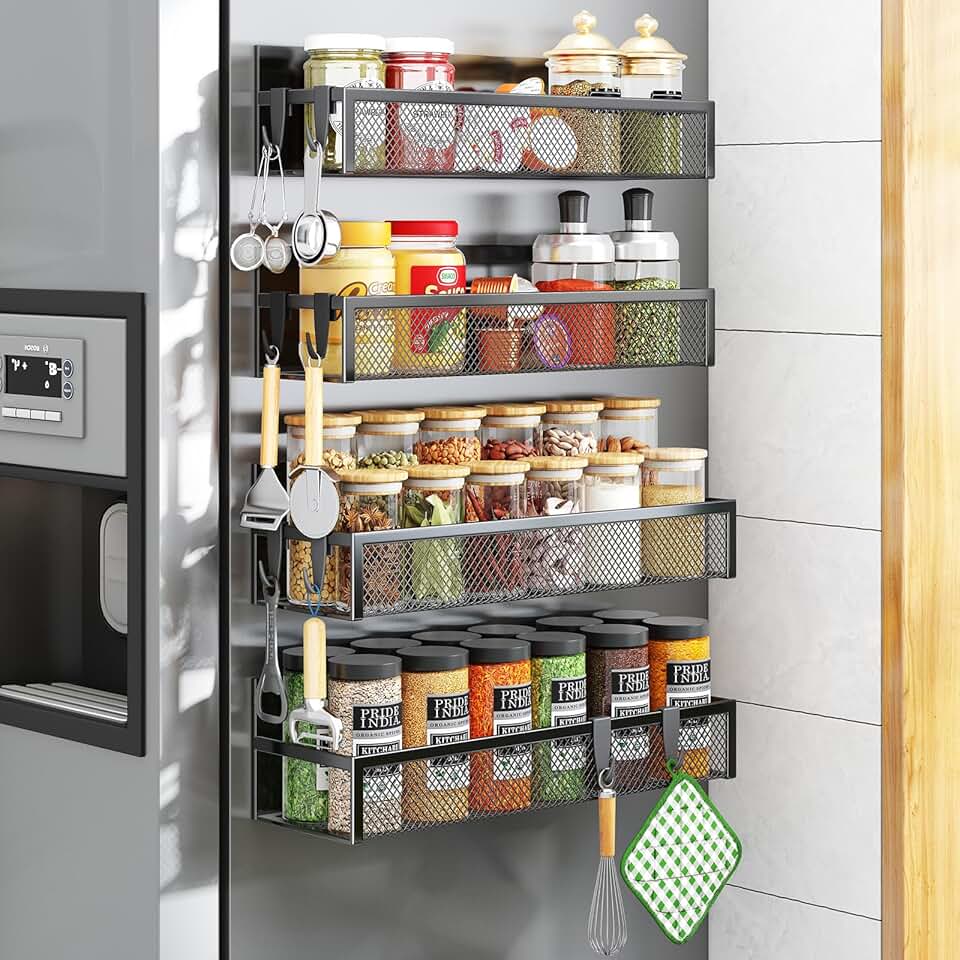 Magnetic Spice Rack with Hooks for Refrigerator (4 Pack)