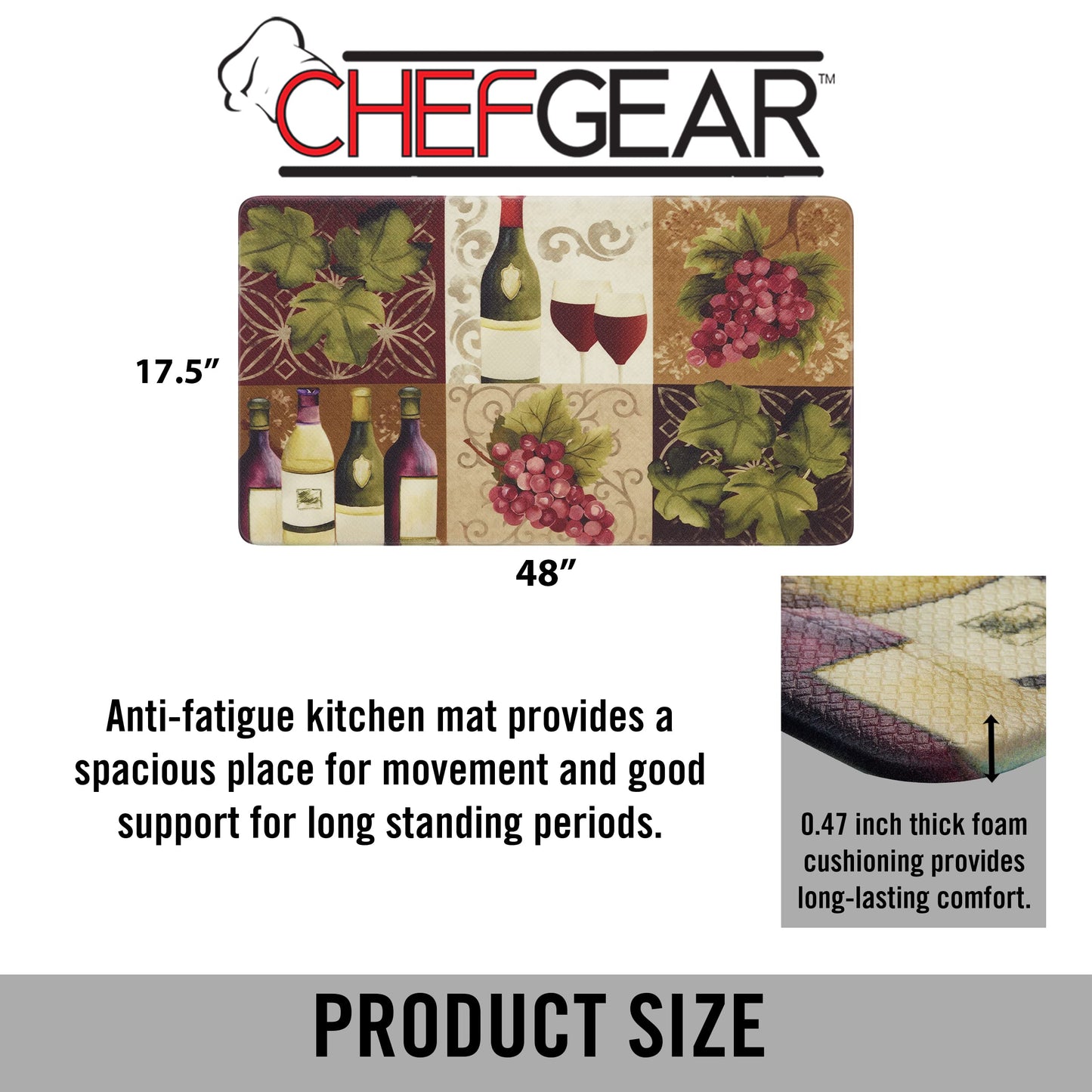 Novelty Anti-Fatigue Kitchen Mat, Cooking  Standing Relief, Memory Foam  Skid-Resistant, 17.5 x 48, Wine Tile