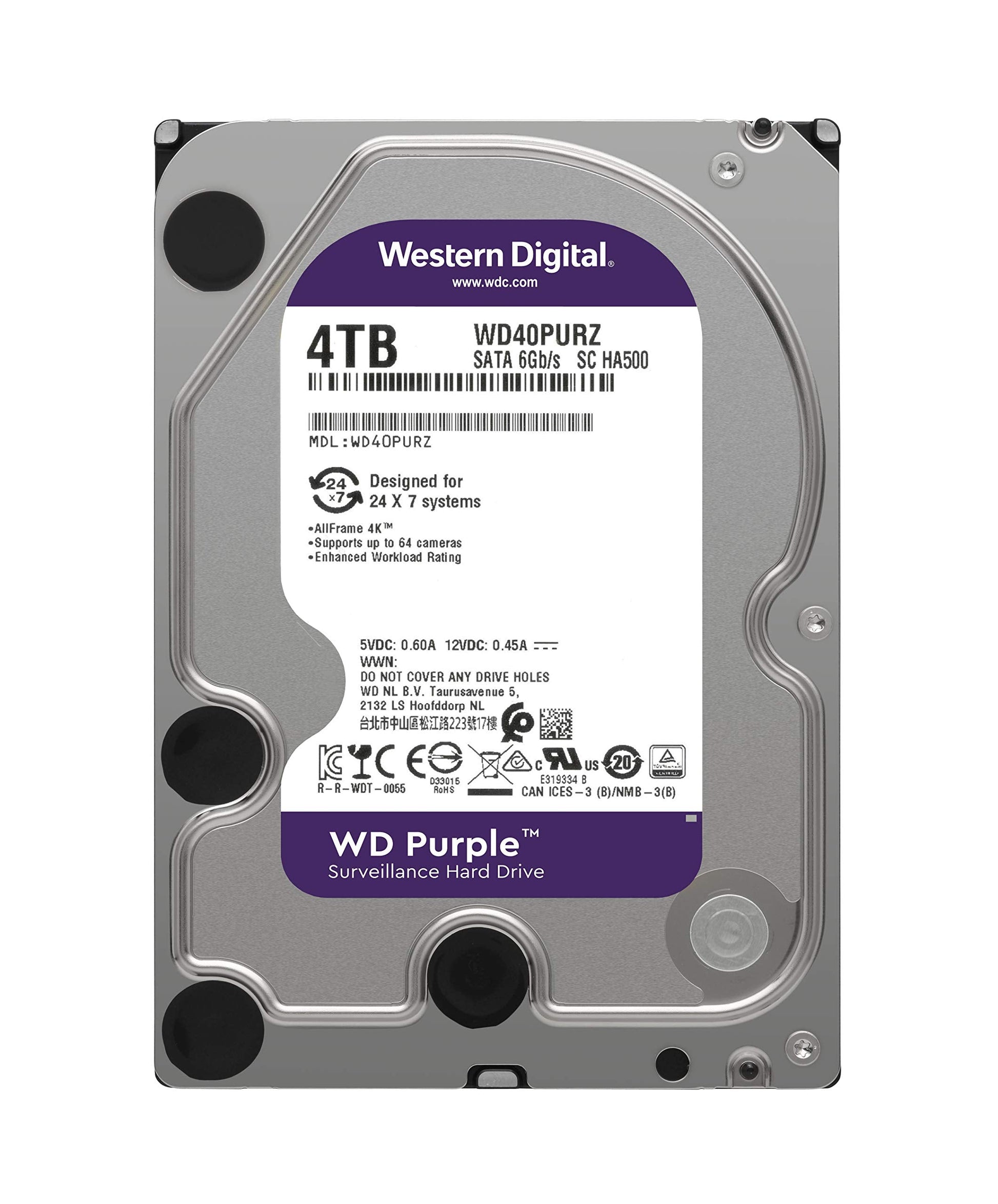 4TB WD Purple Surveillance Internal Hard Drive HDD - SATA 6 Gb/s, 64 MB Cache, 3.5" - WD40PURZ