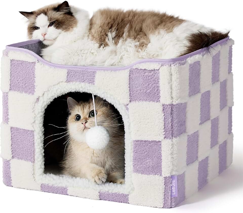 Indoor Cat Bed with Fluffy Ball and Hideaway