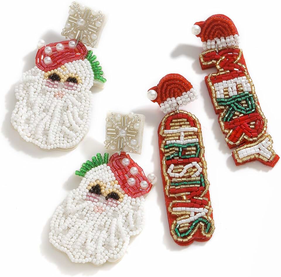 Set of two beaded Christmas Santa earrings for women
