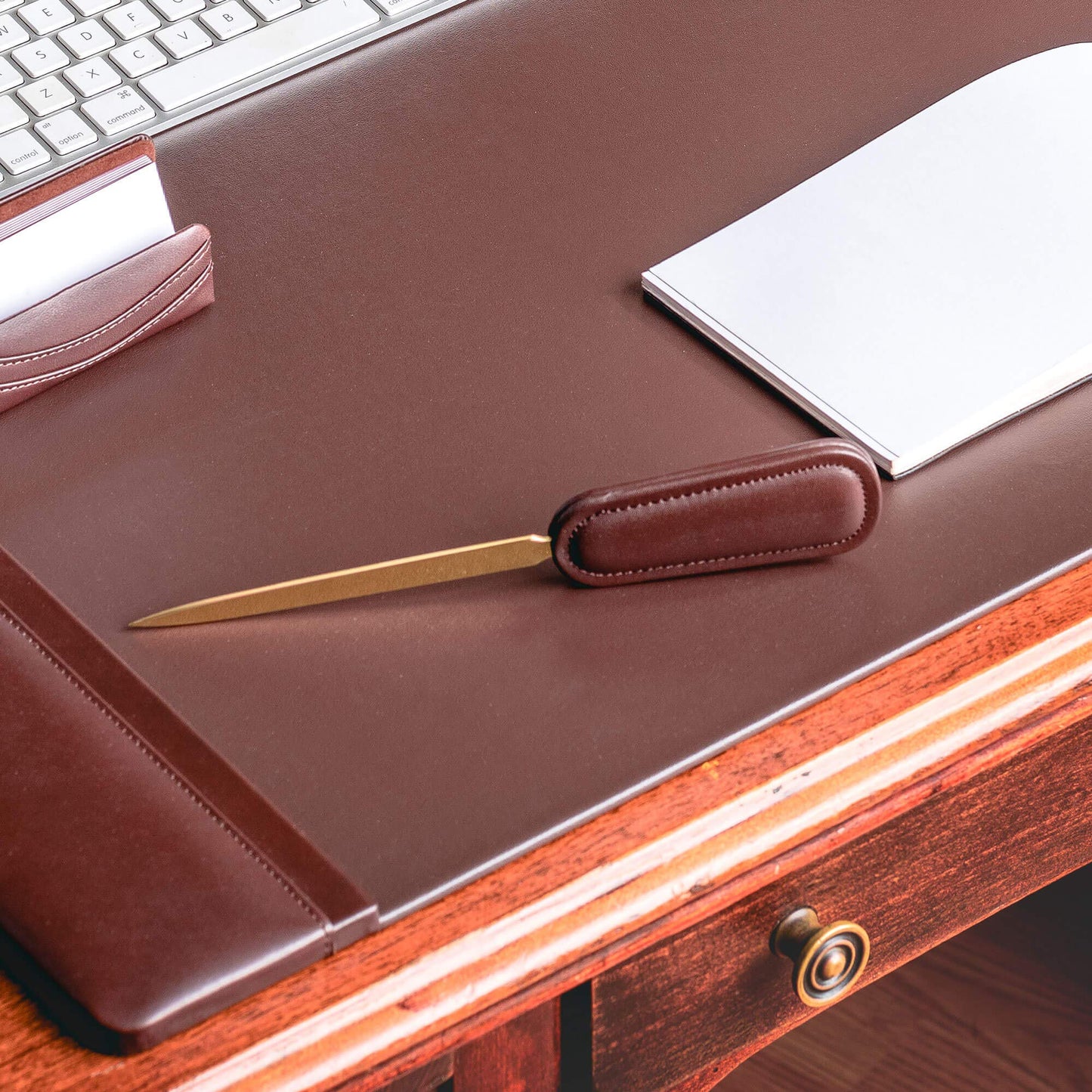 Chocolate Brown Leather Letter Opener with Gold Blade