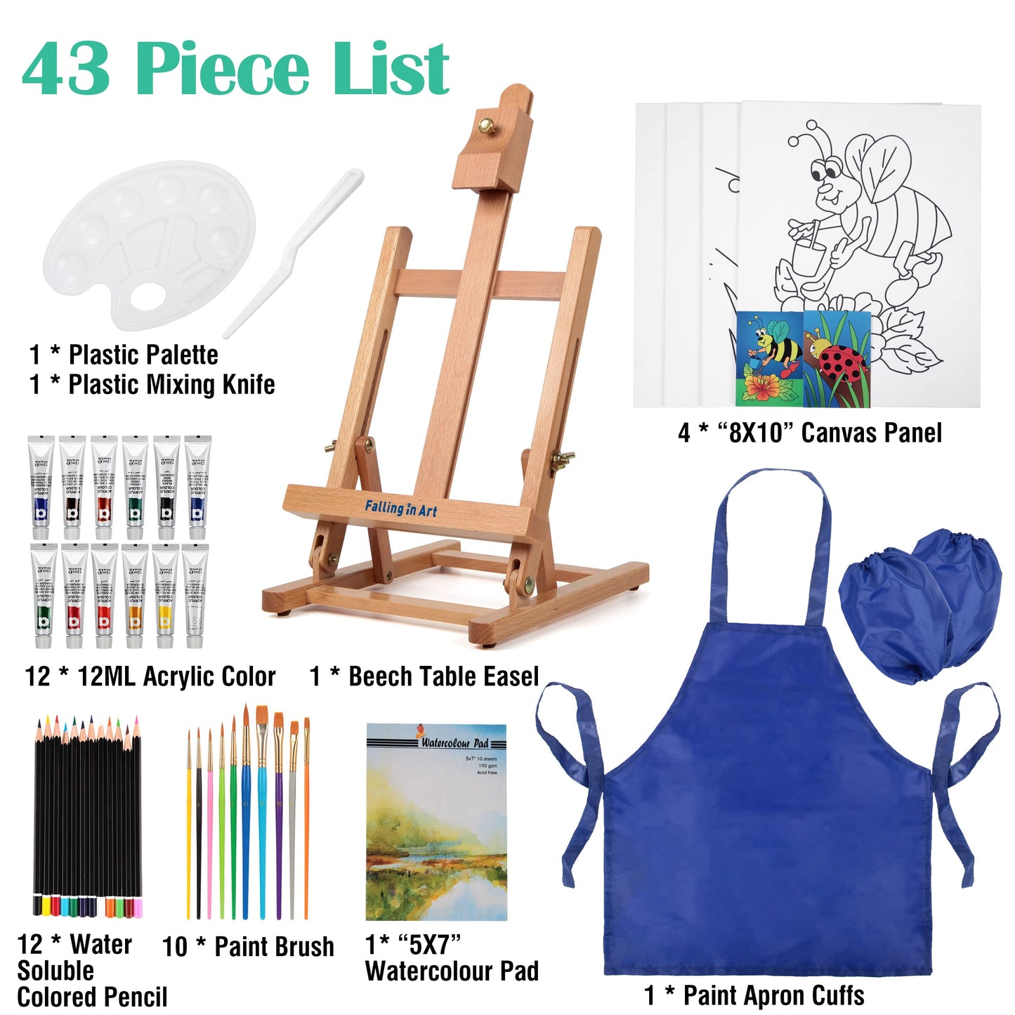 Kids Painting Set with Easel, 12 Acrylic Paints, 12 Pencils