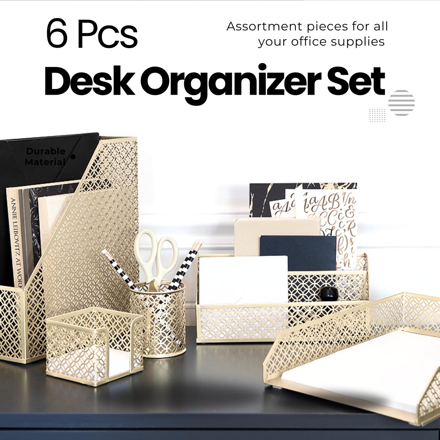 Pink Gold Desk Organizer Set with Mail Sorter and Accessories