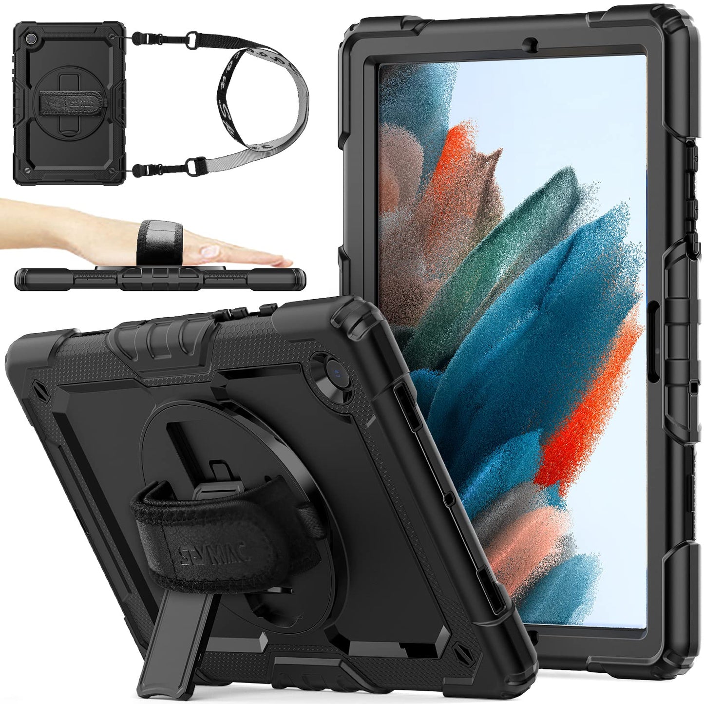 Case for Samsung Galaxy Tab A8 10.5'' 2022 with Screen Protector Pencil Holder [360 Rotating Hand Strap] &Stand, Drop-Proof Case for SM-X200/X205/X207 Galaxy Tab A8, Black