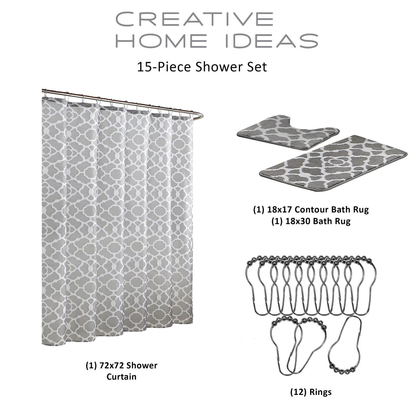 Bath Shower Curtain Set, 72"x72", Elsa Light Grey/White