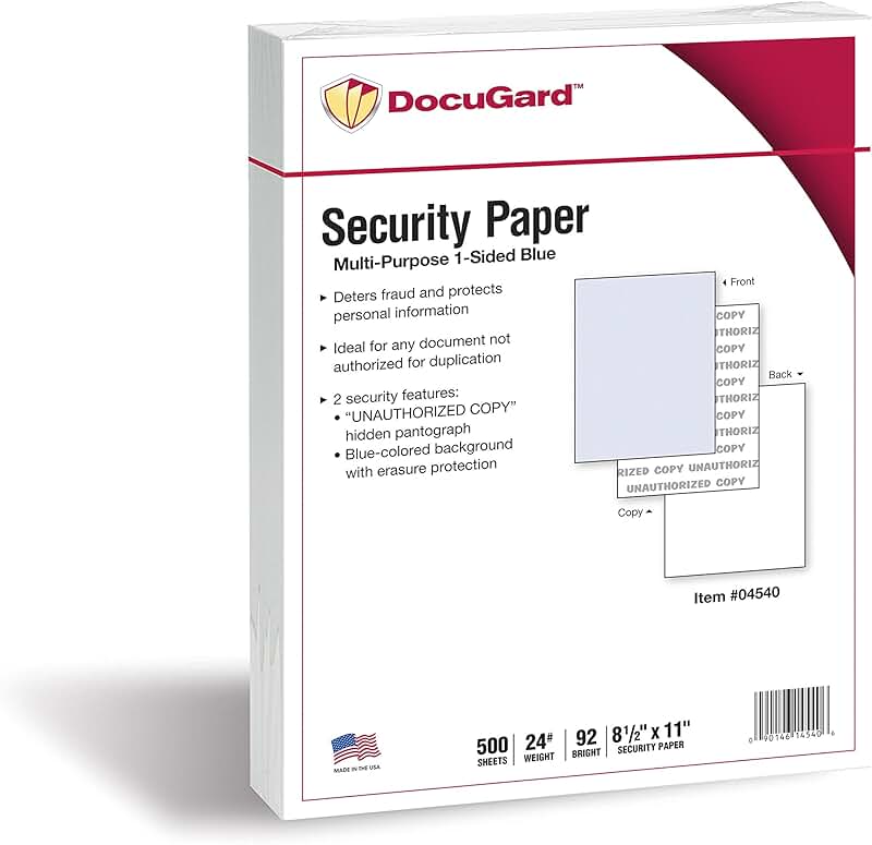 Blue Multi-Purpose Security Paper, 8.5" x 11", 24 lb, 500 sheets