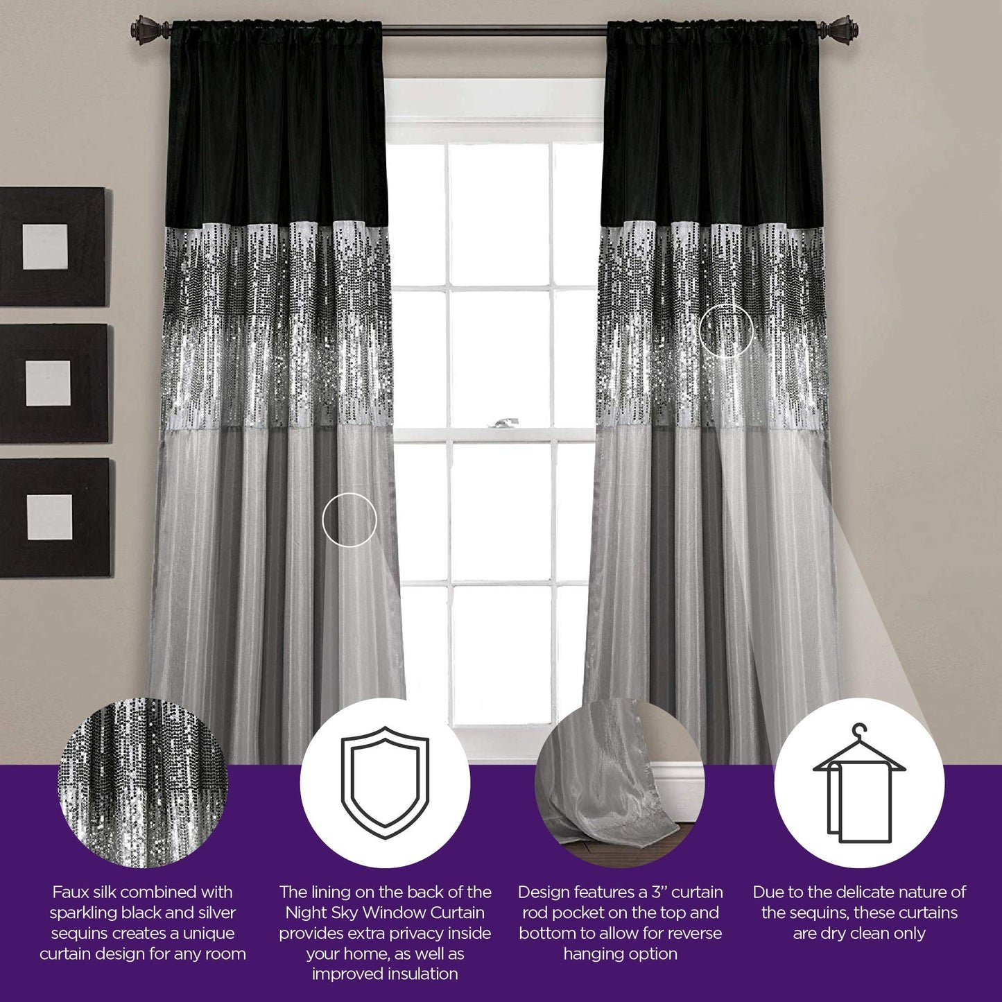 Dcor Night Sky Panel for Living, Bedroom, Dining Room Single Curtain), 84" x 42", Grey and Black