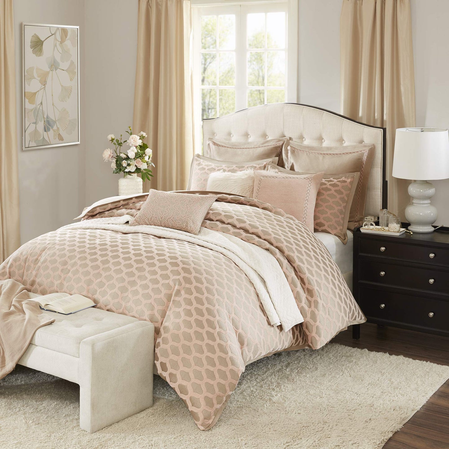 Romance Cozy Comforter Set  All Season Bedding Combo Filled Insert and Removable Duvet Cover, Shams, Decorative Pillows, Ogee Pink Queen(92"x96") 9 Piece