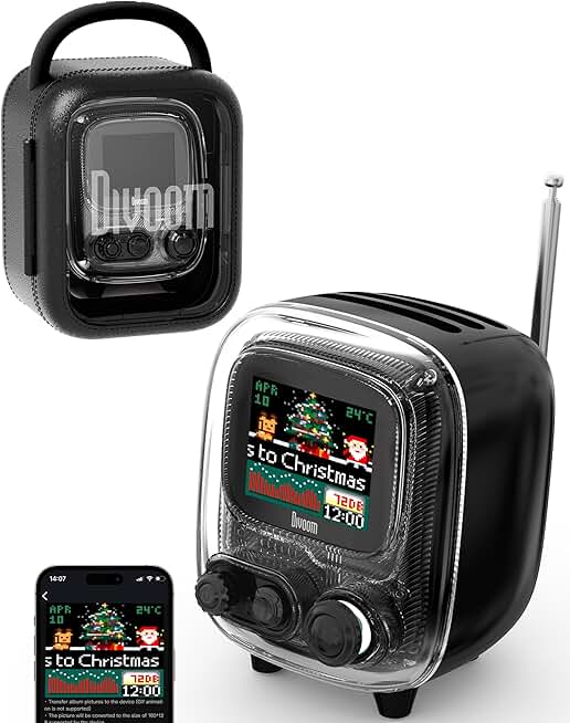 Small portable Bluetooth speaker with FM radio and pixel art design