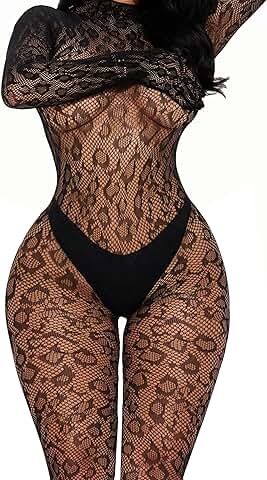 Women Fishnet Bodysuit for Rave Party Club Lace Leopard Mesh