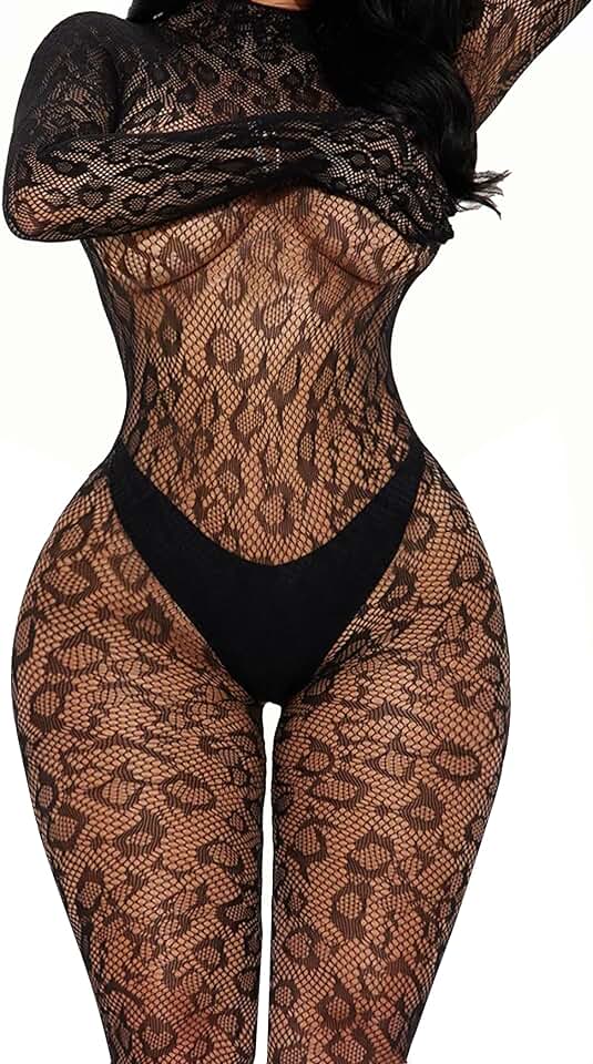 Women Fishnet Bodysuit for Rave Party Club Lace Leopard Mesh