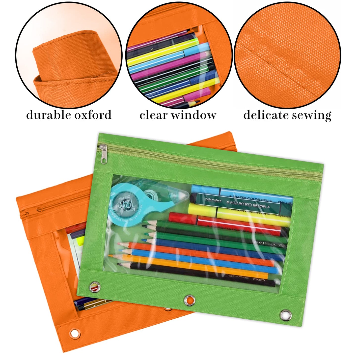 Green 3-Ring Pencil Pouch with Clear Window