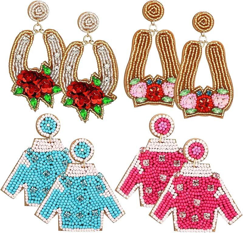 Beaded Derby Riding Earrings with Horseshoe Design