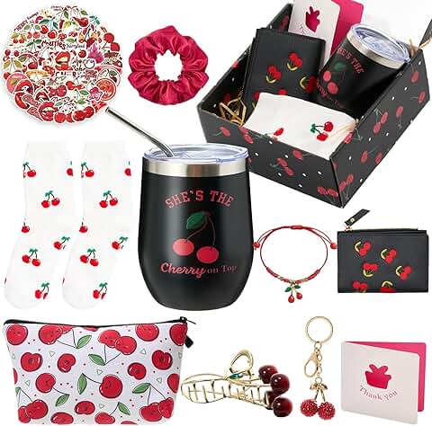 Cherry gift set with mug, bag, socks, bracelet, scrunchie, card, stickers