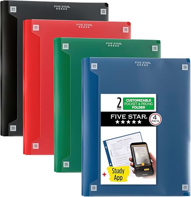 Set of four 2-pocket plastic folders with fasteners