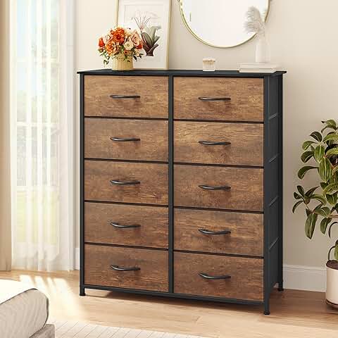 10-Drawer Fabric Dresser with Wooden Top