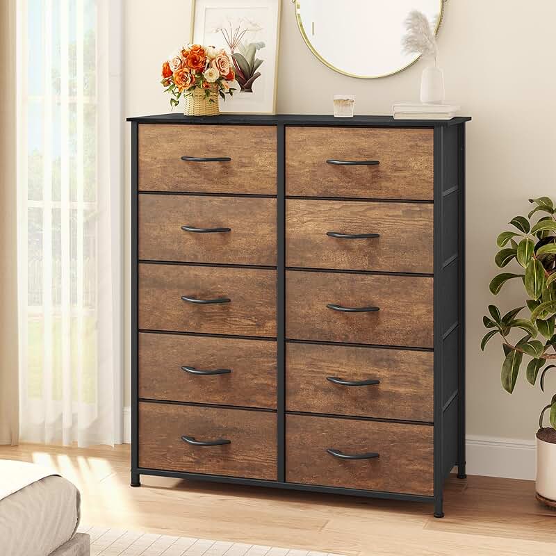 10-Drawer Fabric Dresser with Wooden Top