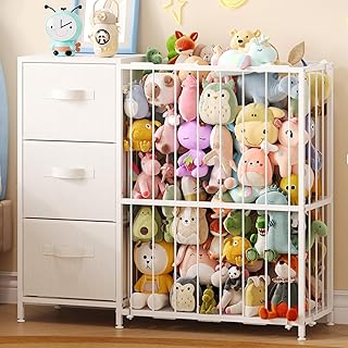 Metal stuffed animal storage with 3 fabric drawers