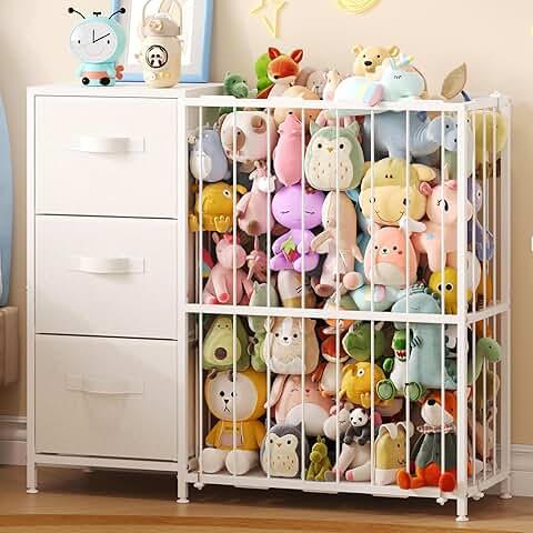 Metal stuffed animal storage with 3 fabric drawers