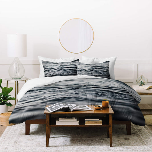 Leah Flores Ocean Duvet Set with Two Pillow Shams, Queen/Full, Black  White