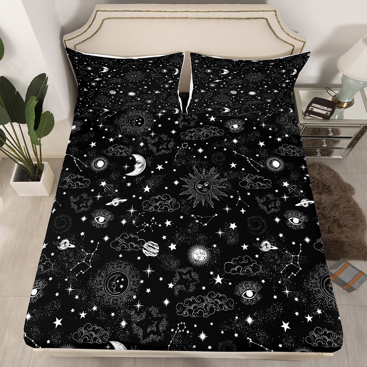 Sun and Moon Fitted Sheet Set Full Size 4 Pcs,Starry axy Boho Hippie Constellation,Bedding Sets 1 Fitted,1 Flat,2 Pillowcases) Deep Pocket Bed Sheets
