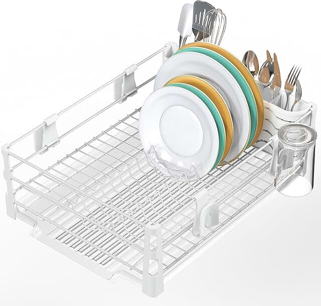 White dish drying rack with drainboard and utensil holder