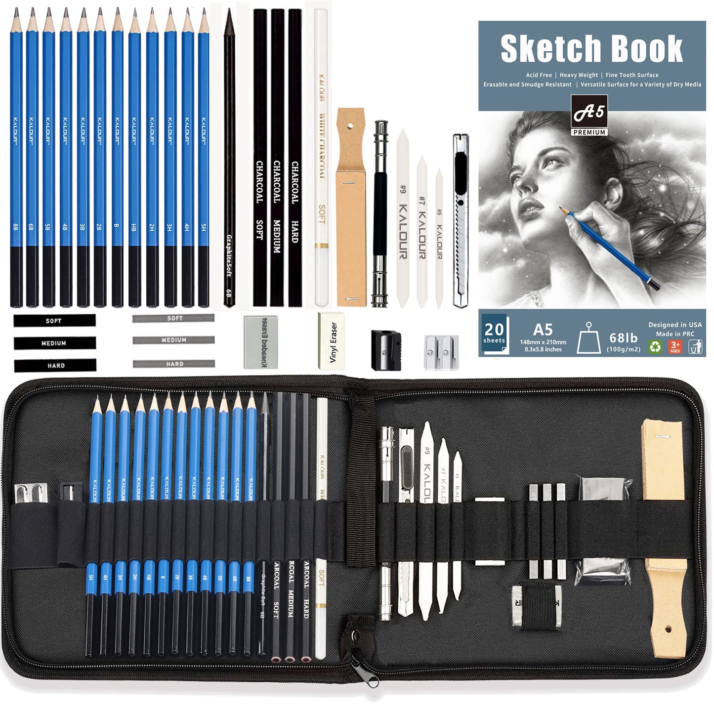 34-Pack Sketching Pencil Set with Sketchbook and Case