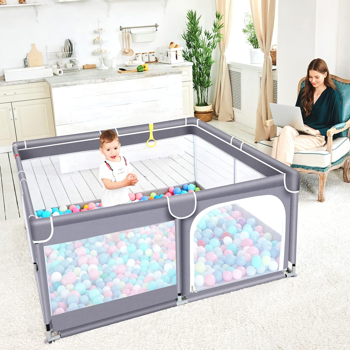 Baby Playpen for Toddler, Large Baby Playard, Indoor  Outdoor Kids Activity Center with Anti- Base, Sturdy Safety Play Yard with Soft Breathable Mesh, Playpen for Babies(Gray,5050)