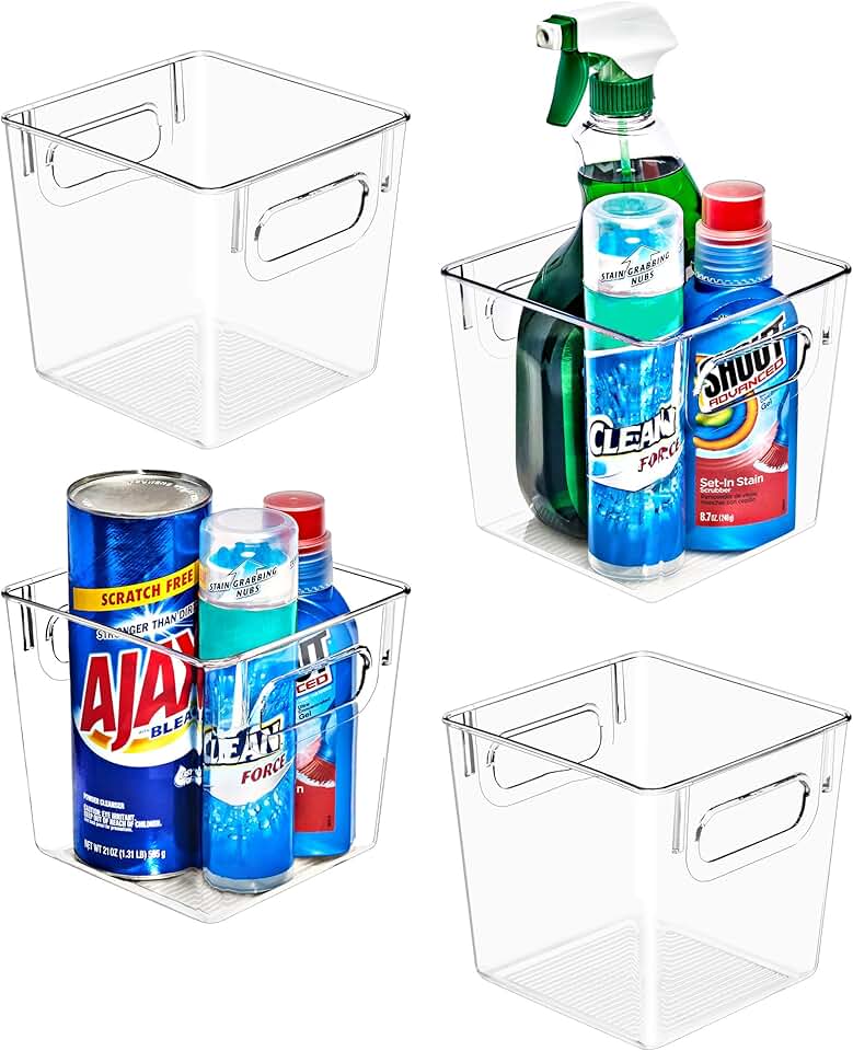 Set of four small clear plastic storage bins