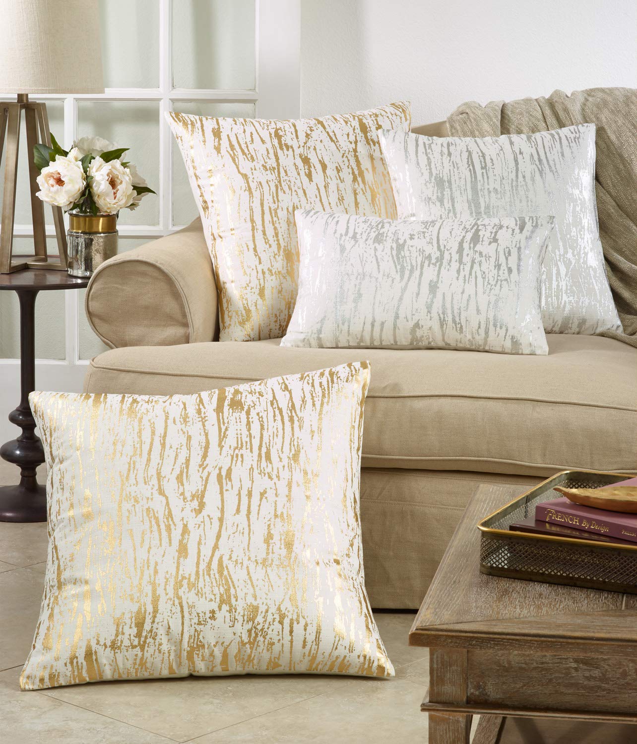 Distressed Metallic F Design Cotton Throw Pillow Cover 27 x 27 Inch  Gold Throw Pillow for Couch, Living Room and Bedroom Dcor