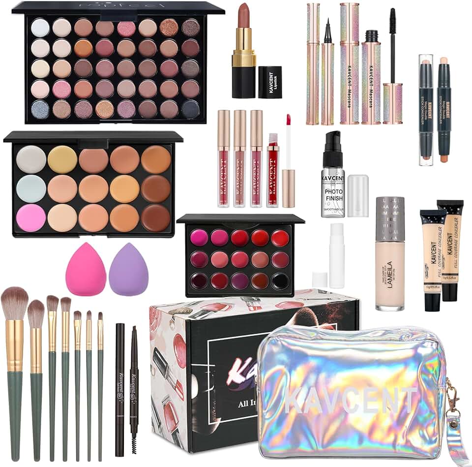 Complete makeup kit with eyeshadow, lipstick, brushes, and more