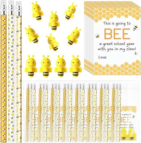 180 Pcs School Gift Set with Bee Pencils Erasers and Cards