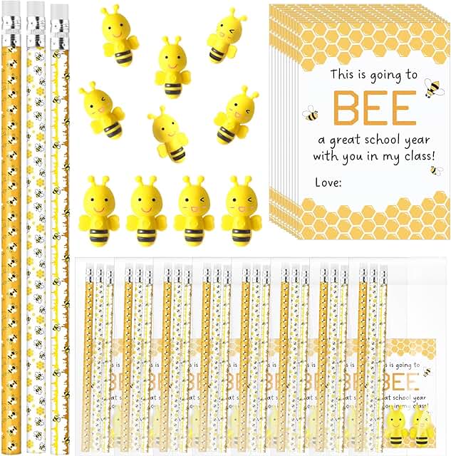 180 Pcs School Gift Set with Bee Pencils Erasers and Cards