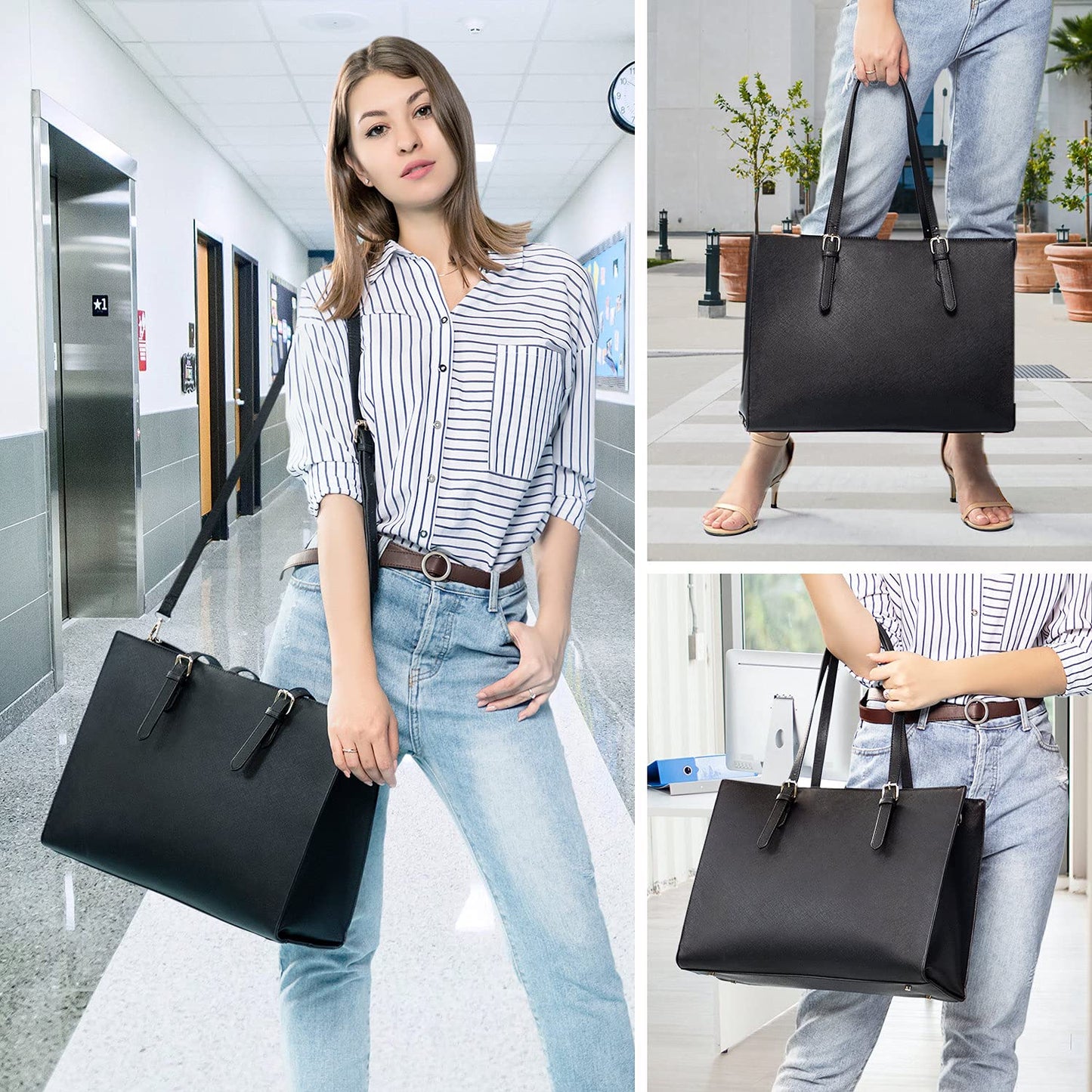 Laptop Bag for Women, Fashion Computer Tote Bag Large Capacity Handbag, Leather Shoulder Bag Purse Set, Professional Business Work Briefcase for Office Lady 2PCs, Fit 15.6 Inch Laptop, Black