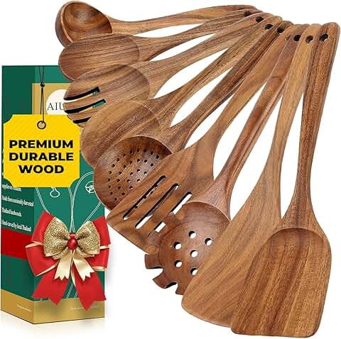 Natural Teak Wood Kitchen Utensil Set, 9 Pieces