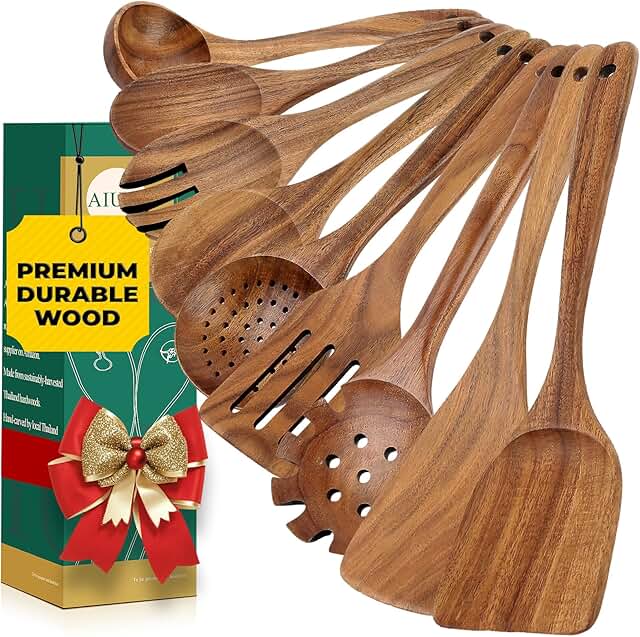 Natural Teak Wood Kitchen Utensil Set, 9 Pieces