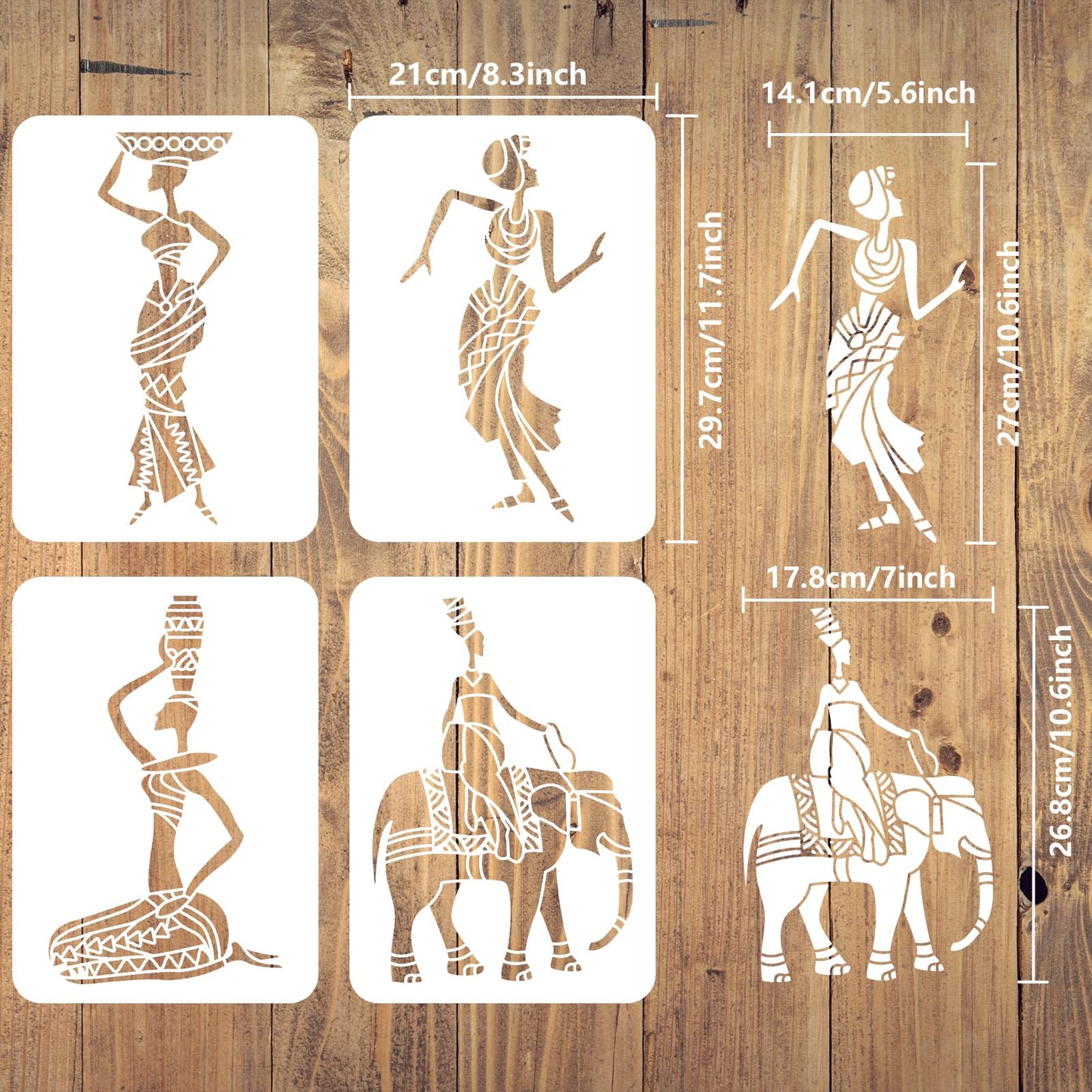 4 Pcs African Tribal Women Elephant Dancer Plastic Stencils