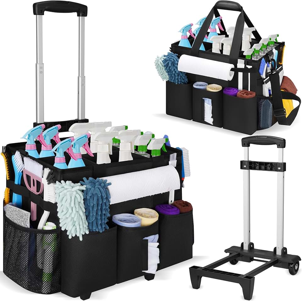 Rolling cleaning caddy with wheels and removable dividers