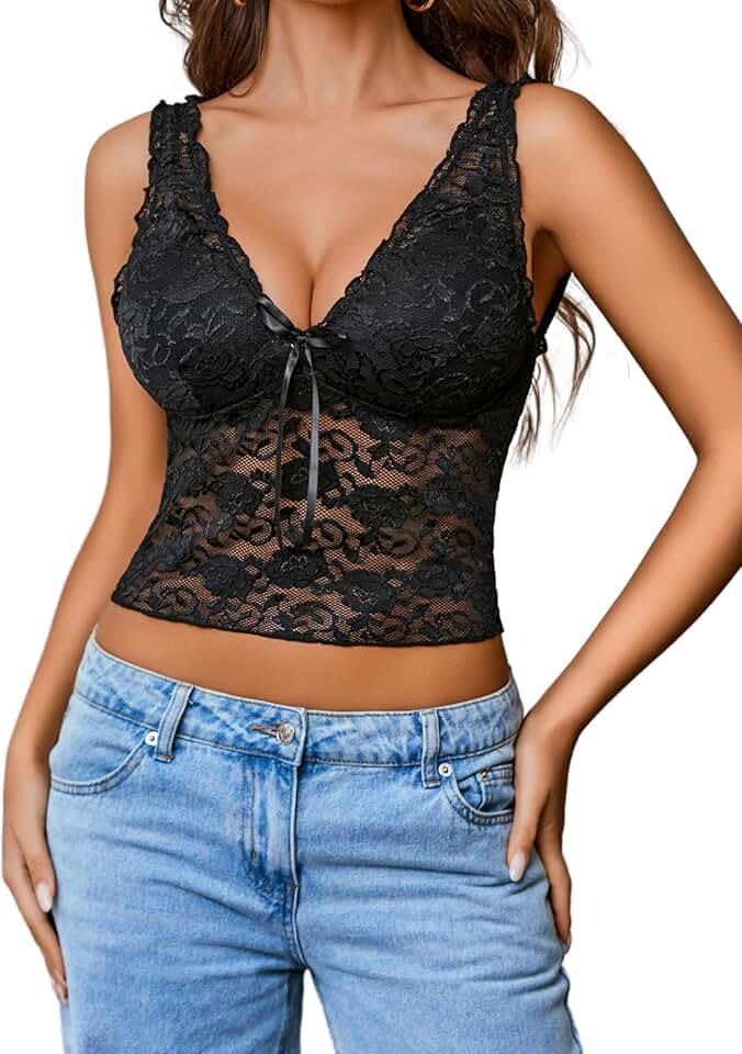 Women’s Lace Mesh Crop Top with V-Neck