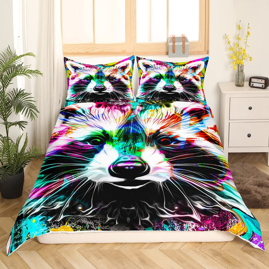 Tie Dye Duvet Cover Queen Size,Watercolor Raccoon Comforter Cover Cute Wild Animal Bedding Sets Graffiti Art Bedding Rainbow Fluid Painting Style Decor for Home Bedroom,3Pcs